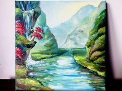 painting mountain landscape. mountains waterfall sakura river