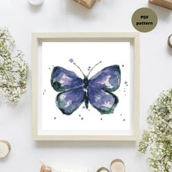 blue butterfly cross stitch pattern, watercolour cross stitch pattern, bug embroidery, instant download, digital pdf