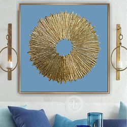 gold and blue abstract painting textured artwork sunburst original art gold sun painting on canvas | above couch decor