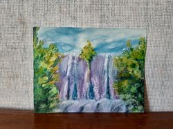 watercolor drawing on paper, waterfall, landscape