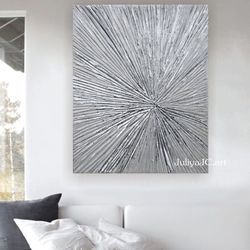 silver sunburst abstract painting textured artwork original wall art silver rays painting modern wall decor