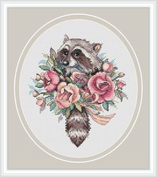 raccoon cross stitch pattern flower cross stitch pattern animal cross stitch pattern bouquet cross stitch pattern