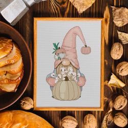 gnome with pumpkin, cross stitch pattern, pumpkins cross stitch, counted cross stitch, modern cross stitch