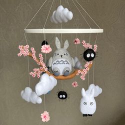 my neighbor totoro on sakura, anime mobile from hayao miyazaki for a nursery decor.