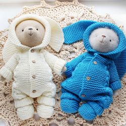 pattern teddy bears, bunny and baby outfits knitted romper and booties. pattern clothes. knit romper tutorial.