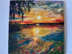 acrylic painting on fiberboard, sunset on the river in ukraine, landscape