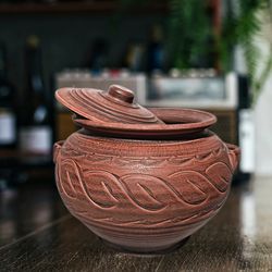 pottery casserole 101.44 fl.oz handmade red clay / cooking pot