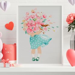 girl cross stitch, cross stitch pattern, flowers cross stitch, floral cross stitch, counted cross stitch, flower bouquet