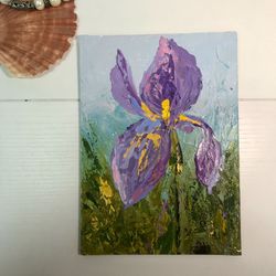 iris flower painting original art meadow miniature landscape palette knife small wall art 5" by 7" by katbes art