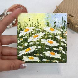 daisies flower painting original meadow miniature landscape wall art small painting wildflower 4" by 4" by katbes art