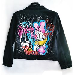 women denim jacket, art disney,hand painted jacket black, black denim jacket, custom denim clothing, jacket personalized