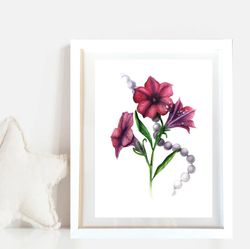 watercolor botanical painting petunia, reproduction (print). original handmade. a great decoration f