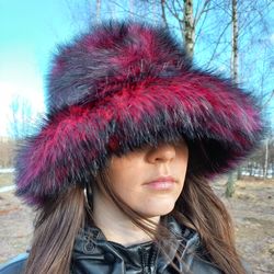 burgundy black faux fur bucket hat. magenta festival hat. luxury fashion furry hat. cute fuzzy hats. fluffy warm hat.