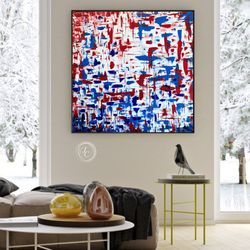blue red and white abstract wall art modern original painting on canvas | large contemporary art