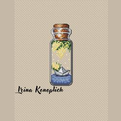 bouquet cross stitch pattern, bottle cross stitch pattern, modern cross stitch pattern in pdf, spring, mimosa, boat