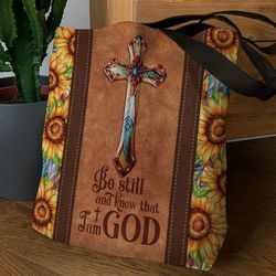 be still and know that i am god - special sunflower cross tote bag