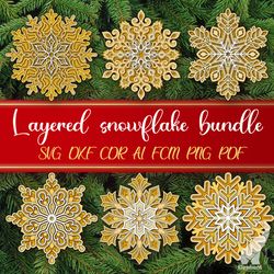 3d christmas layered snowflake bundle 6 svg paper cut files