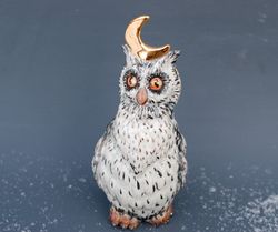 owl & moon porcelain figurine, fairy bird ceramic statuette, cute eagle-owl sculpture ,best friend gift