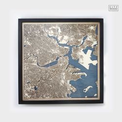 boston wooden map - laser engraved