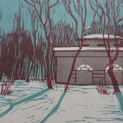 original linocut twilight landscape