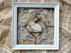 diy original rabbit painting pressed flower frame stained glass hanging panel vintage bunny stained glass