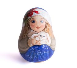 roly poly doll cute winter girl with bunny weeble wobble xmas gift ding dong kids nursery decor collectible wooden toys