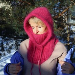 wool scarf hood, balaclava for women, angora winter hat, winter warm bonnet, red hood, gift for her