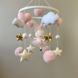 ballerina bunny baby mobile, bunny baby mobile pink, nursery decor, baby mobile for girl, baby mobile bunny