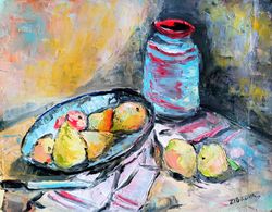 still life original oil painting pears artwork modern still life interior painting kitchen wall art impasto painting