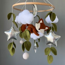 forest mobile in the crib, woodland baby mobile,  baby mobile with a fox, nursery decor, mobile neutral, fox baby mobile