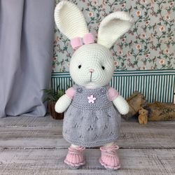 easter bunny, stuffed plush bunny white toy in blue and pink/grey dresses for kids