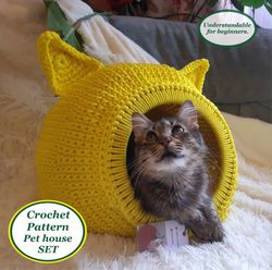 Crochet cat house "Rabbit" pattern Digital tutorial manual in PDF Format Pet play furniture Handmade cat lover gift