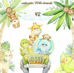 watercolor safari animals clipart, cute baby safari animals clipart png, jungle clipart, africa animals illustration