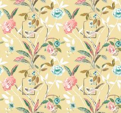 birds fabric, fabric with birds, linen and viscose fabric, birds on floral branches fabric, botanical fabric with birds