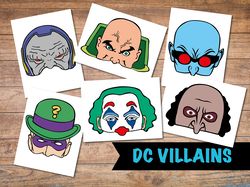 Halloween Masks, DC Villains props, Penguin, Lex Luther, Joker, Mr Freeze, Riddler, Comics party, birthday masks, photo