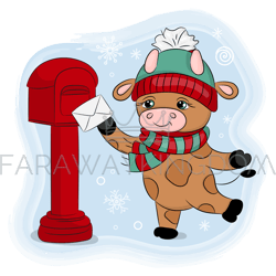 cute cartoon bull a winter hat sends a letter vector set