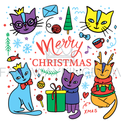 cute cat merry christmas children sketch vector illustration set