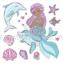 cutie baby black mermaid underwater vector illustration set