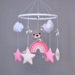 bear baby mobile girl, baby mobile with a bear, nursery decor, rainbow baby mobile girl