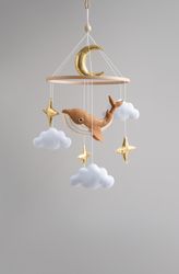 baby mobile neutral, clouds and gold stars nursery mobile, sperm whale mobile, baby shower gift