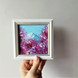 landscape mountain small painting sakura wall art impasto