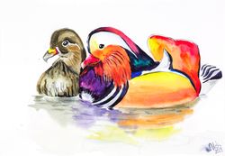 mandarin duck pair original painting duck painting cottagecore art bird watching