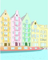 paintings for the interior. digital art. 6 posters of multi-colored amsterdam waterfront in a minimalist style