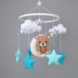 baby mobile in the crib, bear baby mobile,  baby mobile with a bear, nursery decor, mobile neutral,