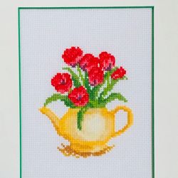 tulips in a teapot cross stitch pattern pdf by crossstitchingforfun instant download, tulips cross stitch pattern pdf