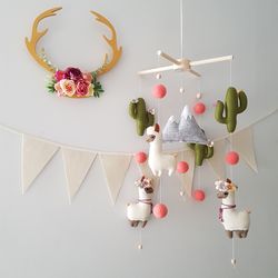 llama mobile nursery decor girl. big baby mobile llama and cactus. boho baby mobile. llama baby shower gift.