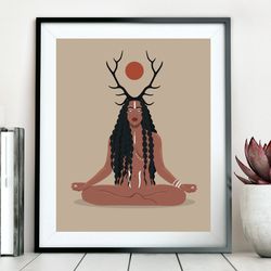 black goddess with hornes art, black girl art, printable poster, black woman, boho wall art, wiccan art, witchy art