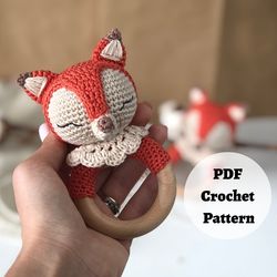 amigurumi sleeping fox pattern baby rattle with wooden ring