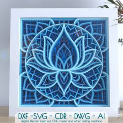 3d svg lotus flower mandala, shadow box mandala svg dxf - m136