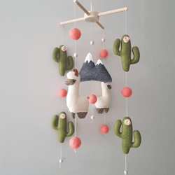 big baby mobile llama and cactus. boho baby mobile. nursery decor girl. llama baby shower gift.